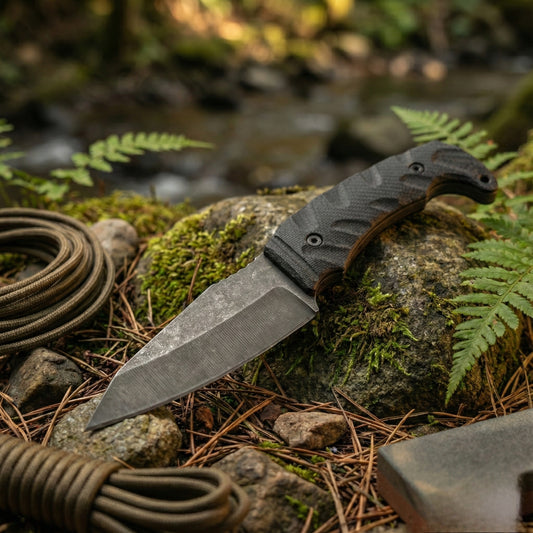 Knife with a sheath on a rock surrounded by nature