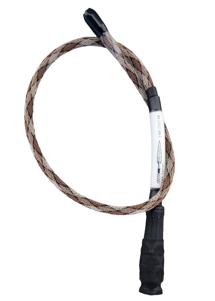 The flexible Maximus Antenna from Iron Spear Outfitters bent in a curve, demonstrating its Nickel Titanium durability for 2m/70cm radios